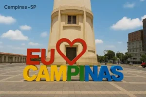 Letreiro Eu amo Campinas em frente à torre – caça vazamento em Campinas