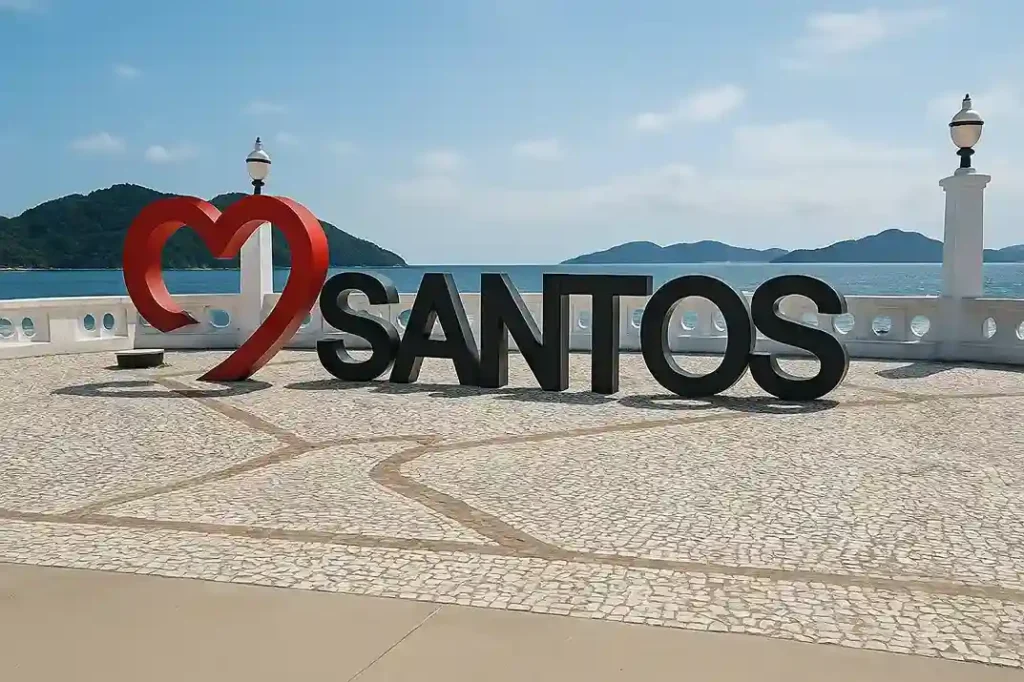 Letreiro Eu amo Santos na orla – caça vazamento em Santos