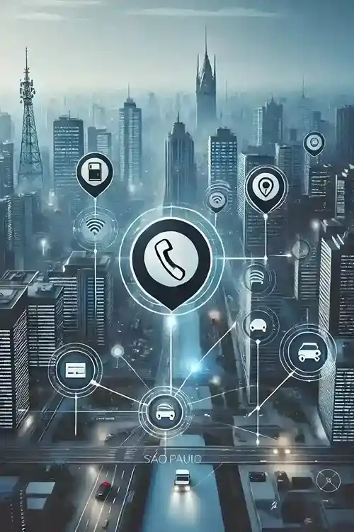 Cidade com ícones de localização digital, representando a Caça Vazamentos em São Paulo.