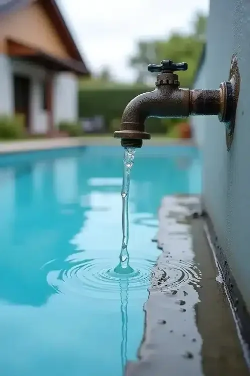 Torneira pingando em frente a uma piscina, sugerindo vazamento e necessidade de Caça Vazamentos.